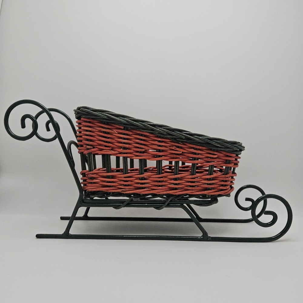 Sleigh Basket Holiday Decor Medium Red Black Excellent Woven Wicker Metal Scroll